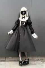 Black/White [Silent Prayer] Long Sleeves Ruffled Bow Lace-Up Gothic Jirai Kei Long Dress - Product - 4