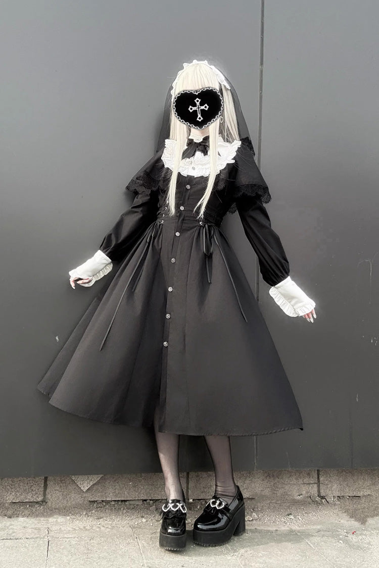 Black/White [Silent Prayer] Long Sleeves Ruffled Bow Lace-Up Gothic Jirai Kei Long Dress - Product - 4