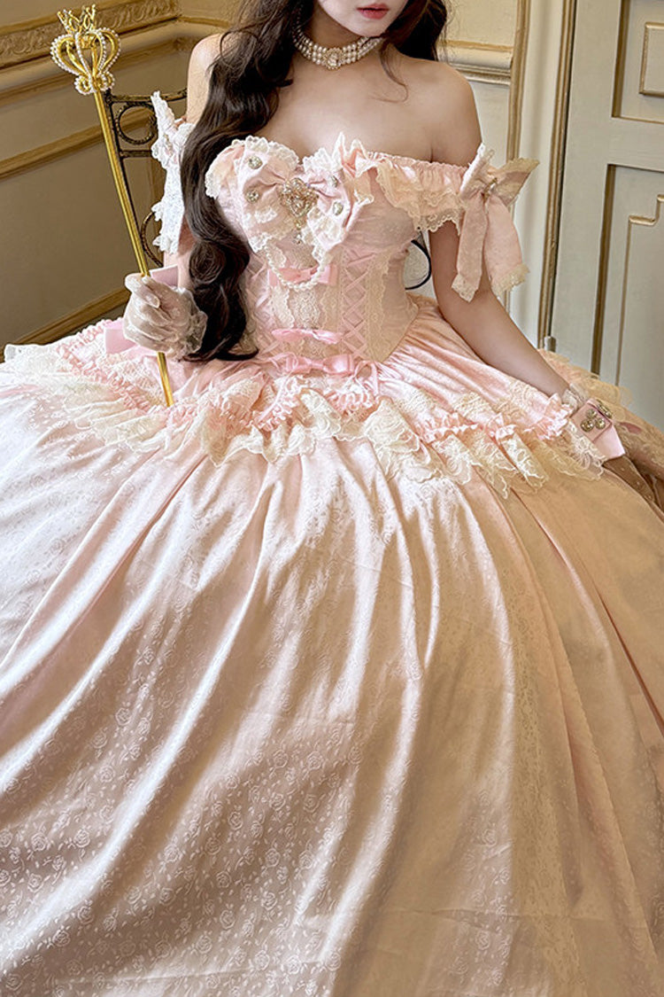 Pink [White Moonlight Lover] Romantic Commemorative Ceremony Sleeveless Ruffled Bow Lace Lace-Up Sweet Elegant Lolita Strapless Dress - Product - 6