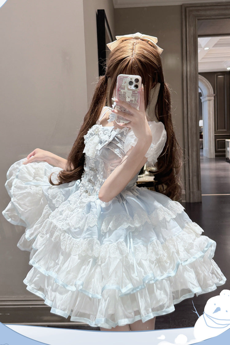 White/Blue [Ice Dance] Short Sleeves Multi-Layered Ruffle Embroidery Bowknot Lace Sweet Lolita Dress - Product - 4