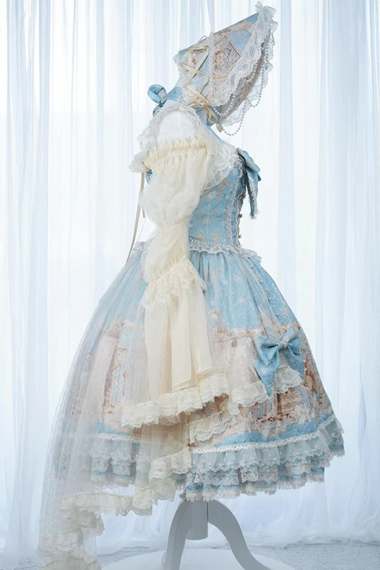 Blue Unicorn Print Sleeveless Multi-Layered Embroidery Bowknot Lace Sweet (Dress Only) detail view 4