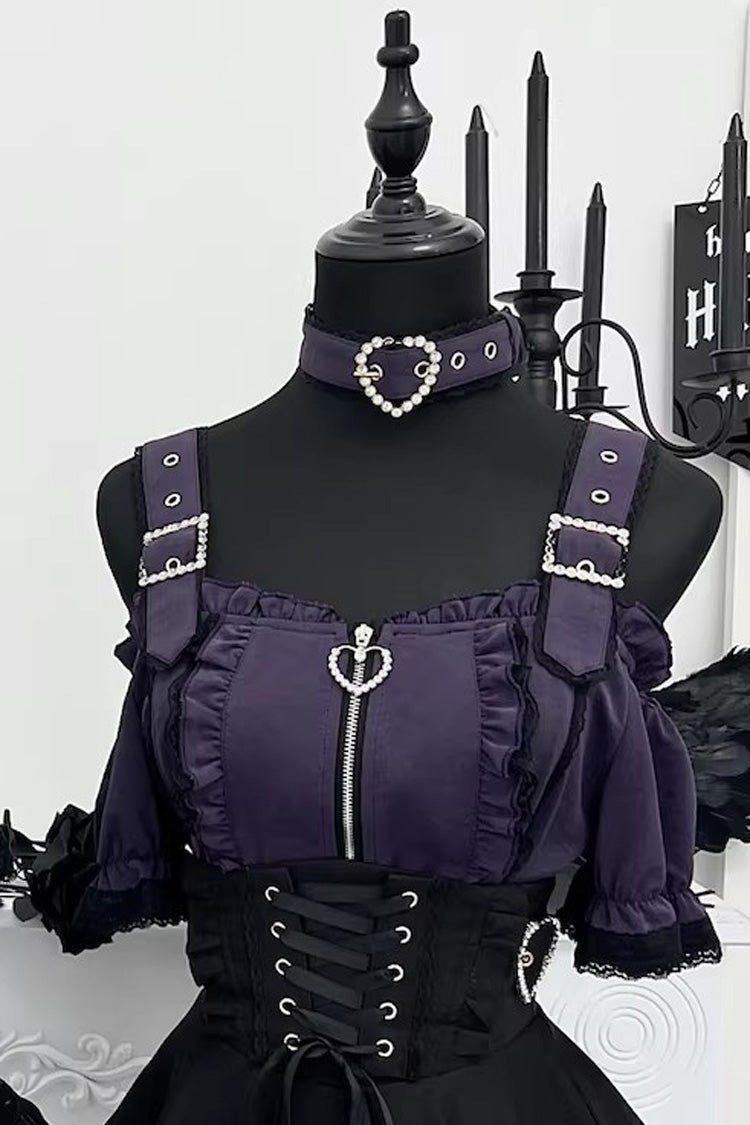 Jirai Kei [Heartbeat Buffy] Stand Collar Sleeveless Triple-Layered Ruffled Lace-Up Zippered Sweet Japanese Skirt and Blouse - Purple/Black(Short-Sleeve-Blouse-Only) - 19