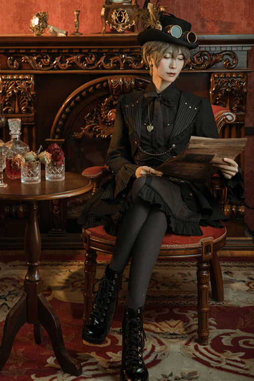 Black/Brown Single Breasted Long Sleeves Ruffled Striped Print Ouji Lolita Dress - Product - 5