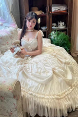 Apricot/Beige [Antique Bride] Sleeveless Multi-Layered Ruffled Bow Lace Sweet Elegant Gorgeous Full Skirt Lolita Jsk Dress - Product - 7
