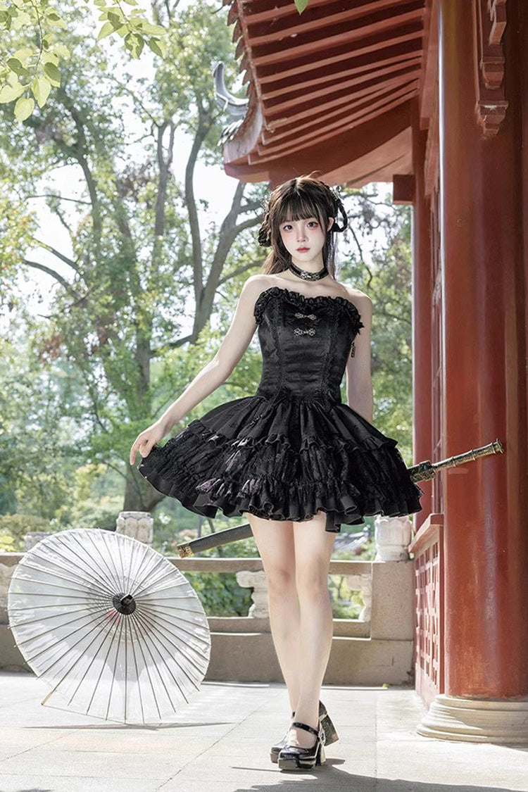 Black Bamboo Dream Multi-layer Dark Pattern Print Ruffle Gothic Lolita Skirt Set - Product - 4