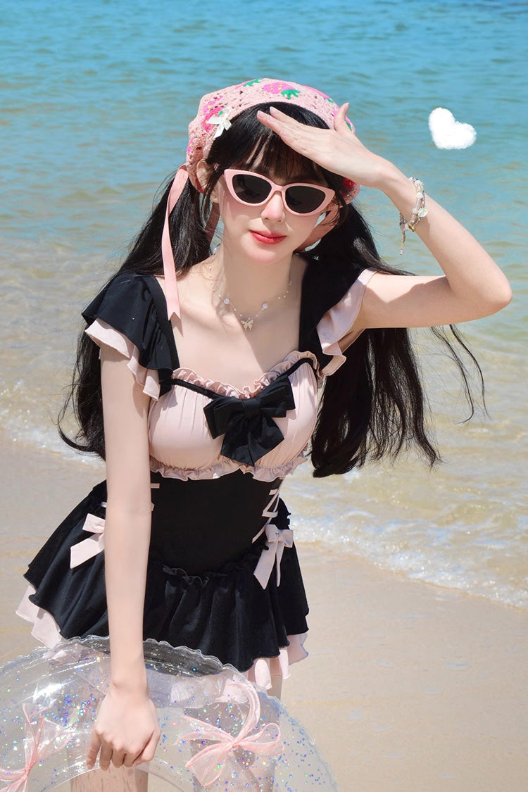 Black/Pink Ruffle Bowknot Lace-Up Sweet Lolita One-piece Swimsuit - Product - 6