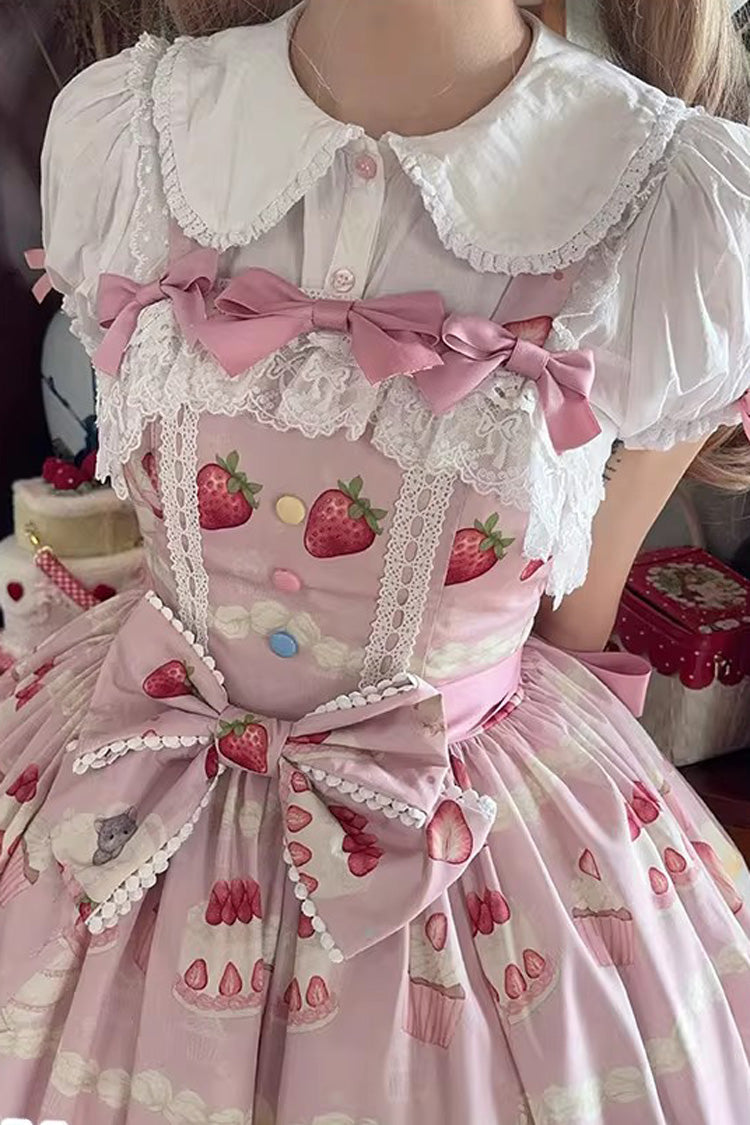 [Little Mouse Strawberry Cake] Sleeveless Printed Ruffled Bow Lace Sweet Lolita Jsk Dress 3 Colors - Product - 9
