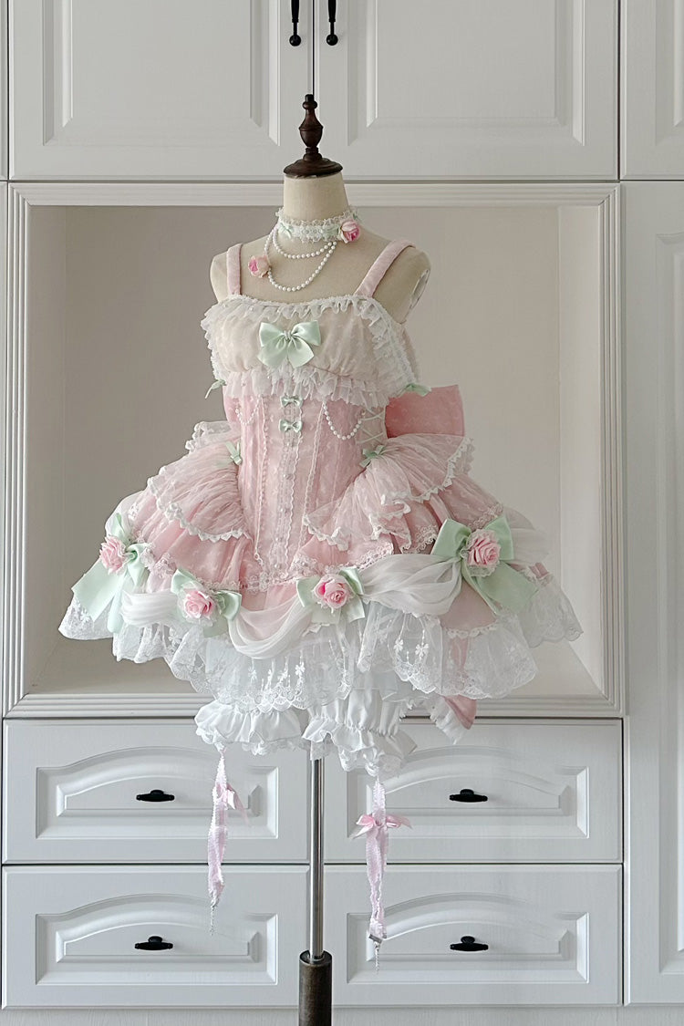 Pink [Honey Rose] Sleeveless Ruffle Embroidery Bowknot Lace Pearl Sweet Lolita Jsk Dress - Product - 7