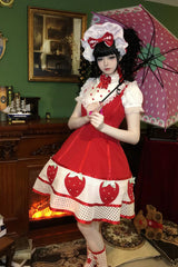 [Miss Peculiar Strawberry] Stand Collar Sleeveless Printed Bow Sweet Lolita Dress 2 Colors (Red, Blue/Black) - Red - 4