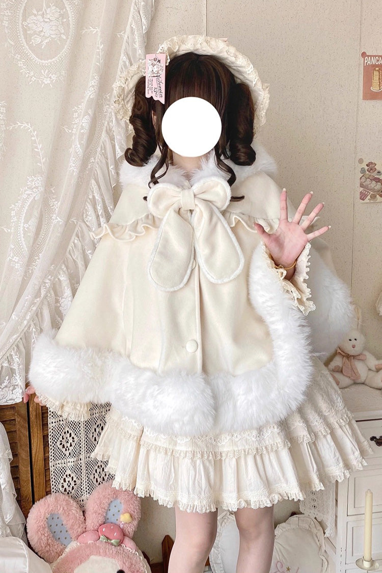 [Woolen Rabbit Ears] Bow Lop-eared Rabbit Sweet Lolita Cloak Coat - Apricot - 4