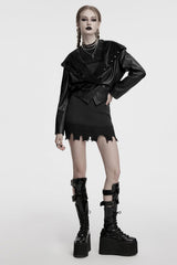 Black Long Sleeves Elastic Waist Faux Leather Hooded Women's Punk Jacket - Product - 4