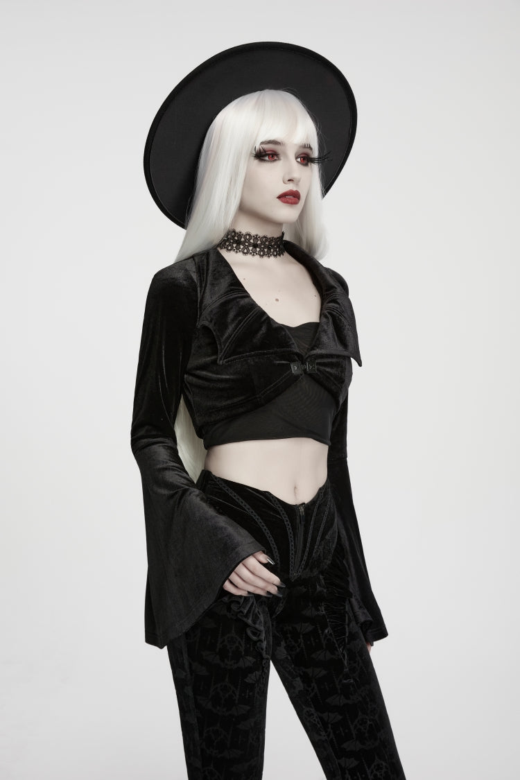 Black  Women's Gothic Velvet Bat Wing Collar Flare Sleeve Short Jacket - Product - 7