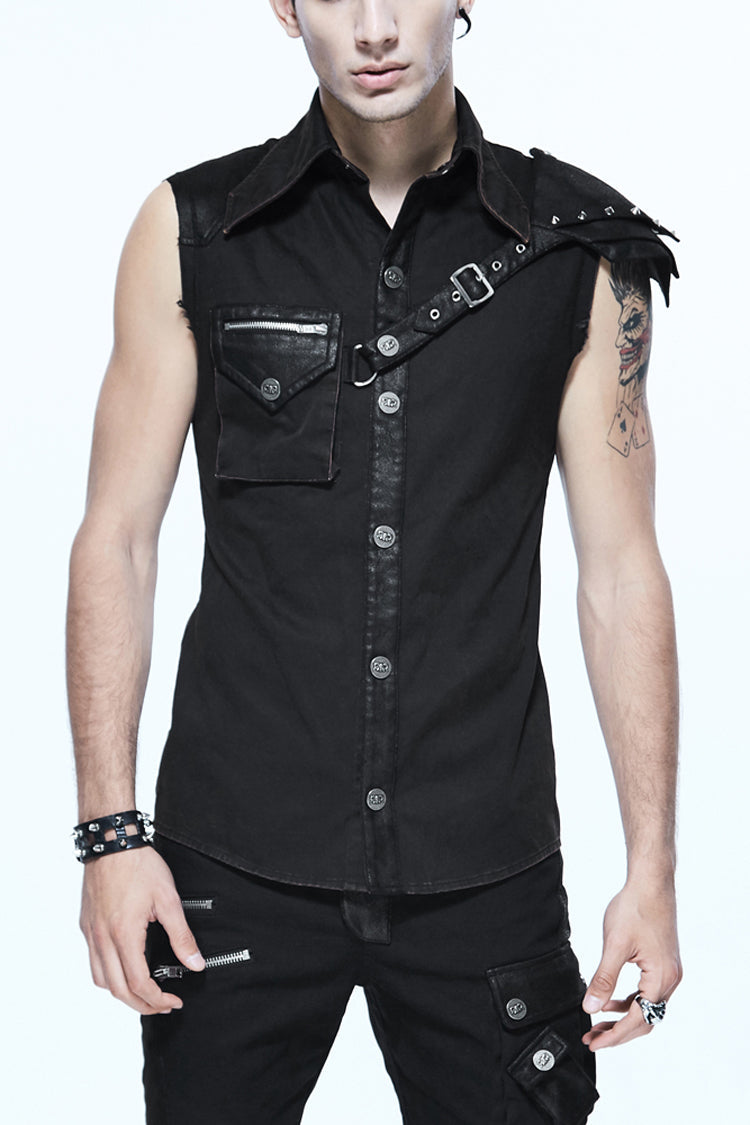 Black Sleeveless Twill One-Shoulder Armor Heat Seal Men's Punk Shirt - Black - 1