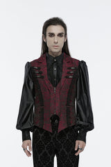 Red Sleeveless Jacquard Buckle Zip Men's Gothic Waistcoat - Red - 1