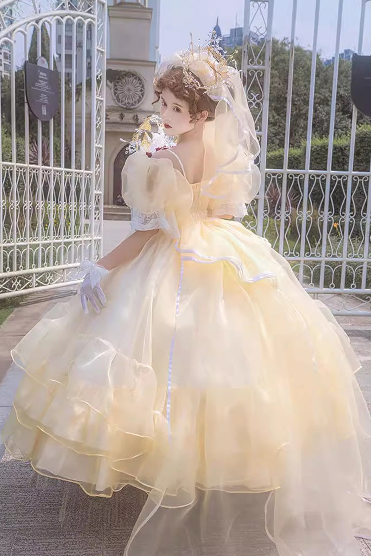 Yellow Off Shoulder Short Sleeves Triple-Layered Ruffle Hanayome Bowknot Lace Sweet Plus Size Lolita Dress - Product - 5