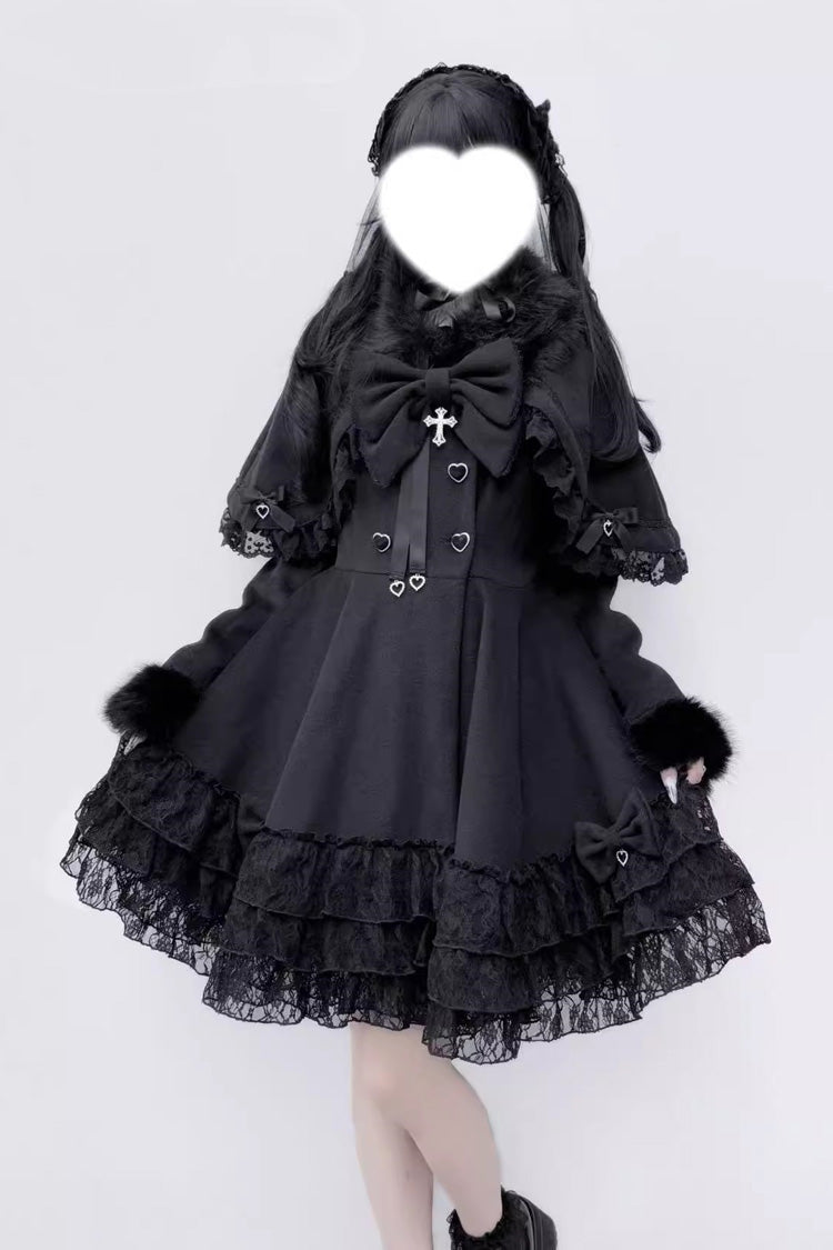 Magician Long Sleeves Removable Cape Bowknot Lace Gothic Jirai Kei Coat - Black - 1