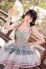 Green Waltz Multi-layer Print Ruffle Bowknot Sweet Chinese Style Elegant Lolita Jsk Dress - Product - 8