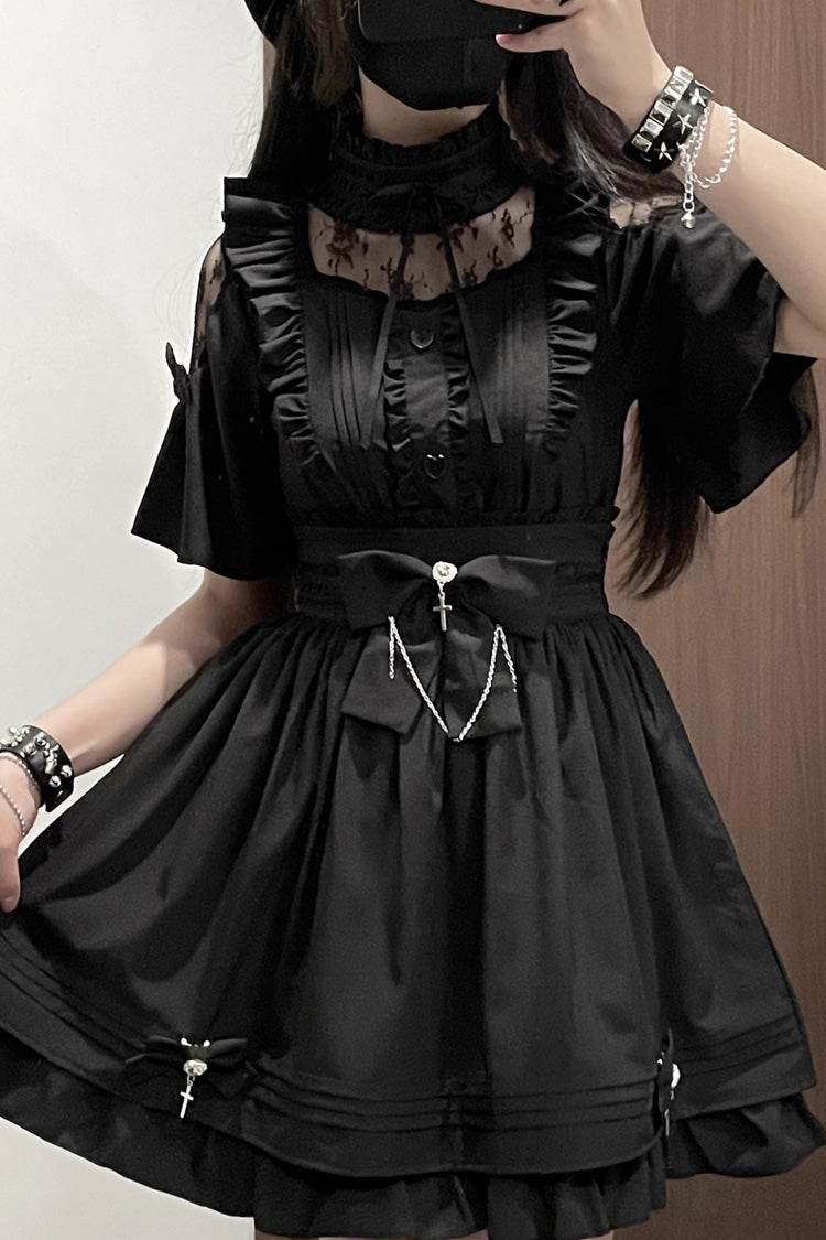 Magical Girl Short Sleeves Ruffle Embroidery Bowknot Lace Sweet Jirai Kei Lolita Set 4 Colors - Product - 1
