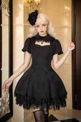 Black [Midnight Whisper] Double-breasted Short Sleeves Hollow Gothic Lolita Dress - Product - 4