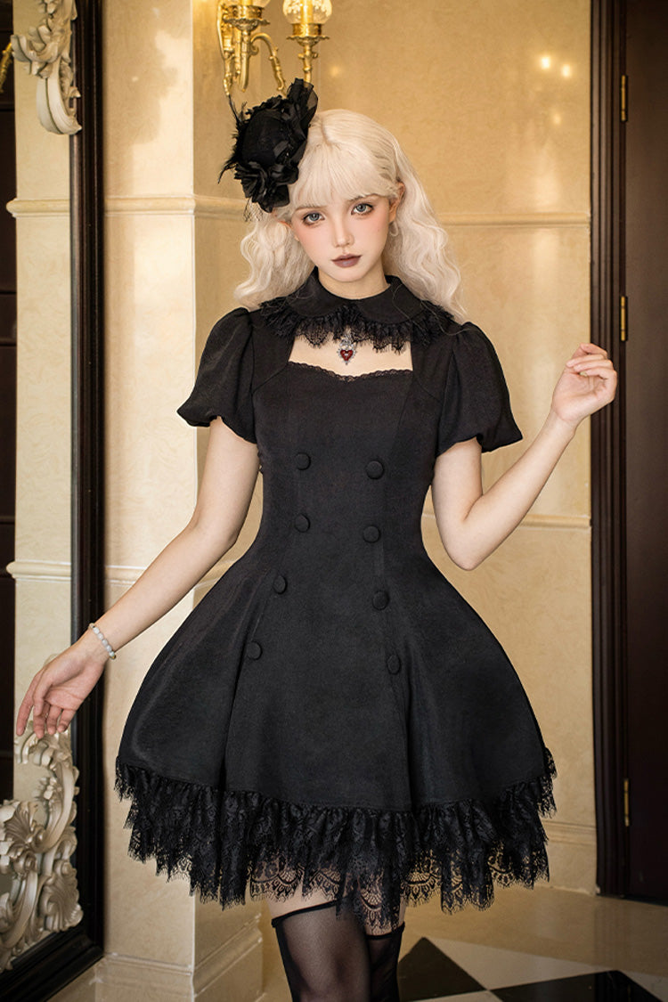 Black [Midnight Whisper] Double-breasted Short Sleeves Hollow Gothic Lolita Dress - Product - 4