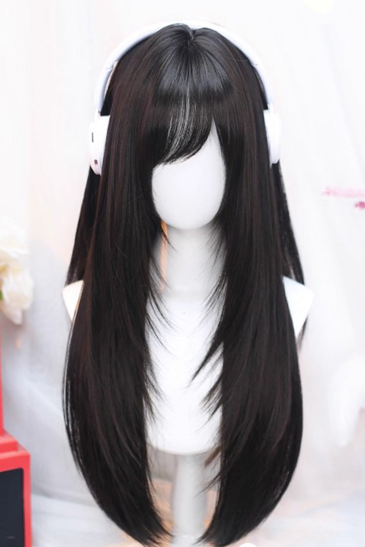 Sweet Side Bangs Lolita Long Straight Wig 2 Colors - Dark-Brown - 1