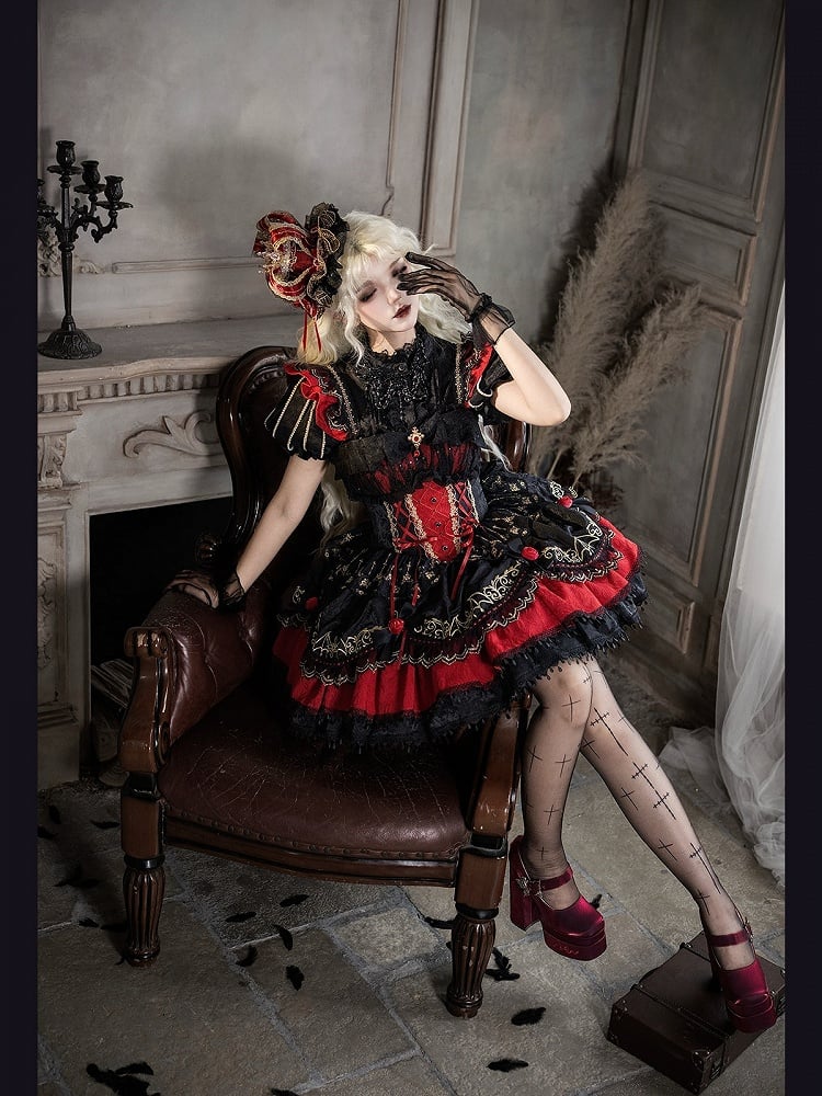 Black & Red Bat Embroidery Gothic Lolita JSK Dress detail view 4