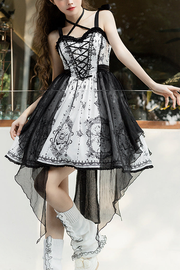 Black/White Sleeveless Butterfly Magic Print Gothic Lolita JSK Dress - Black/White - 1