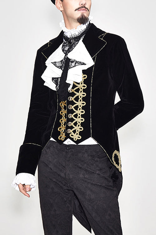 Golden Disc Flowers Hand Embroidered Gothic Mens Coat - Black/Gold - 1
