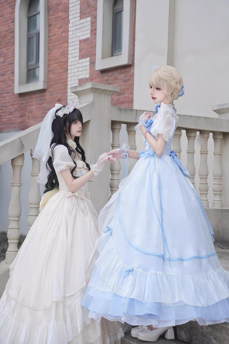 Sweet Short Puff Sleeves Ruffle Hanayome Cardigan Bowknot Princess Gorgeous Lolita Dress 2 Colors - Product - 2
