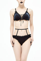 Black Red Velvet Chest Lace Up Gothic Swimsuit Suit - Black/Red - 1