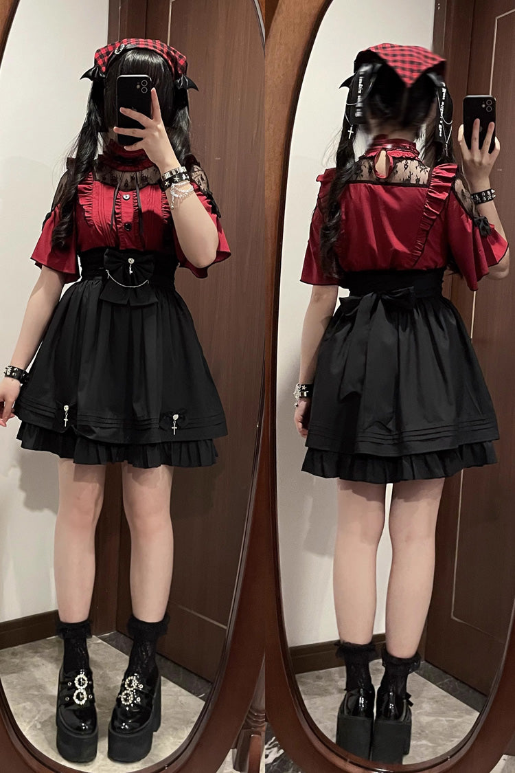 Magical Girl Short Sleeves Ruffle Embroidery Bowknot Lace Sweet Jirai Kei Lolita Set 4 Colors - Red/Black - 3