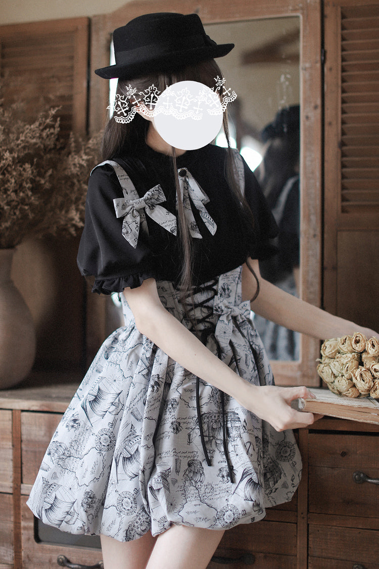 Grey [Elise] Print Bowknot Lace-Up Sweet Vintage Lolita Skirt - Grey - 1