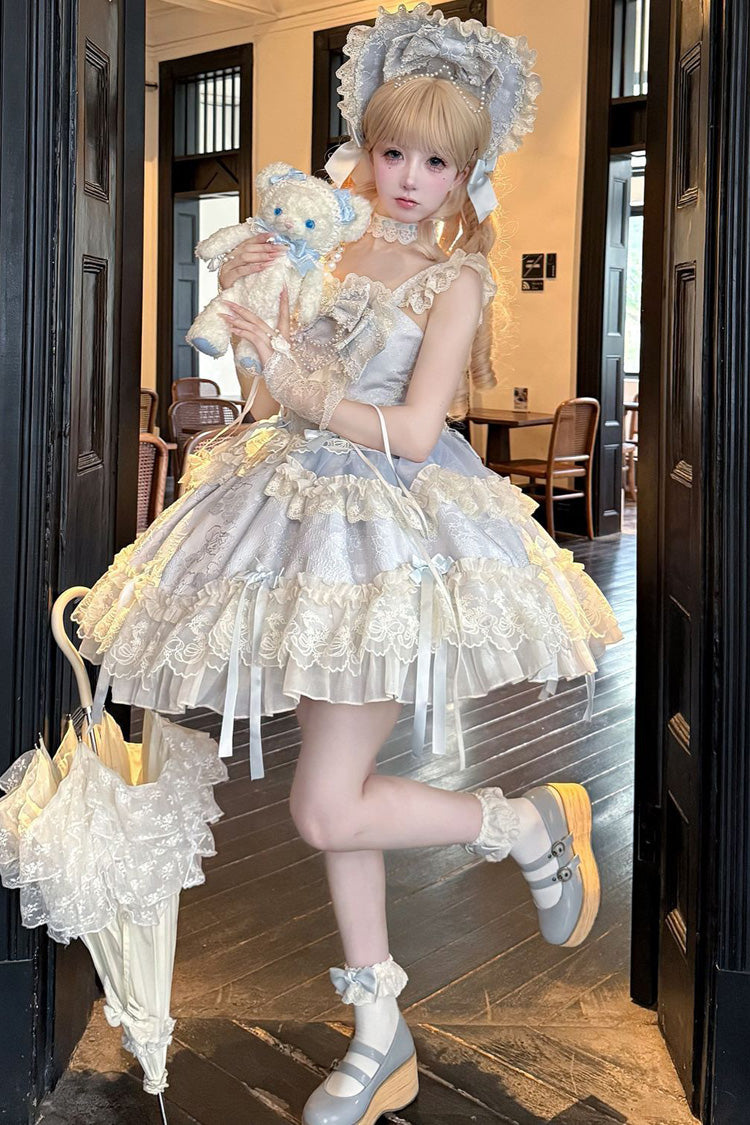 Blue [Blossoming Heart Love ] Sleeveless Dark Jacquard Print Bowknot Lace Sweet Lolita Jsk Dress - Product - 2