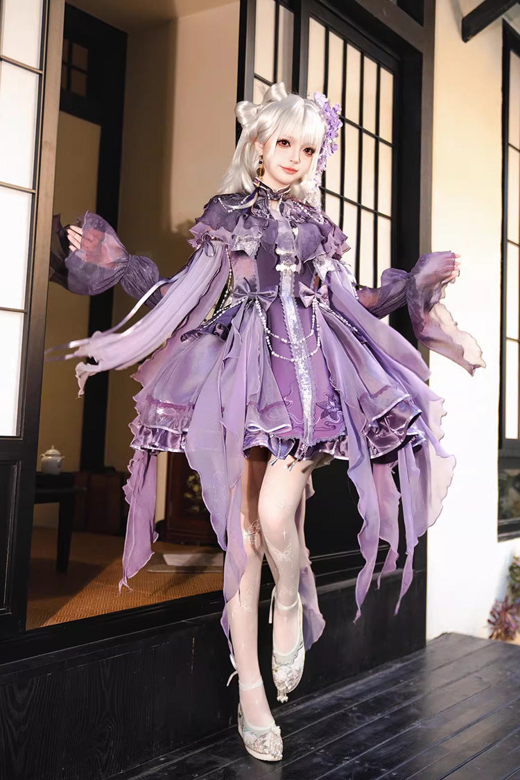 Purple Stand Collar Embroidered Pearl-Decorated Gothic Lolita Jsk Dress Set - Purple(Set) - 1