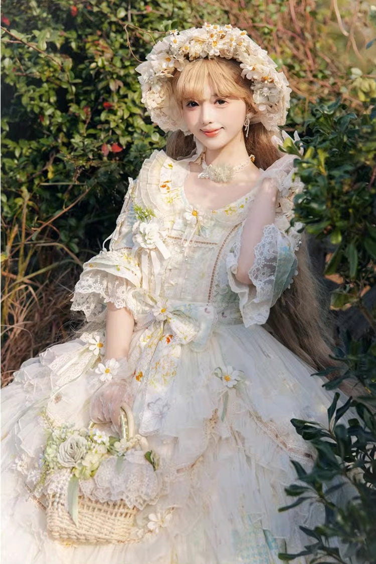 Green [Little Daisy] Lapel Collar Half Sleeves Multi-Layered Printed Bow Lace Princess Gorgeous Plus Size Sweet Lolita Dress - Product - 4