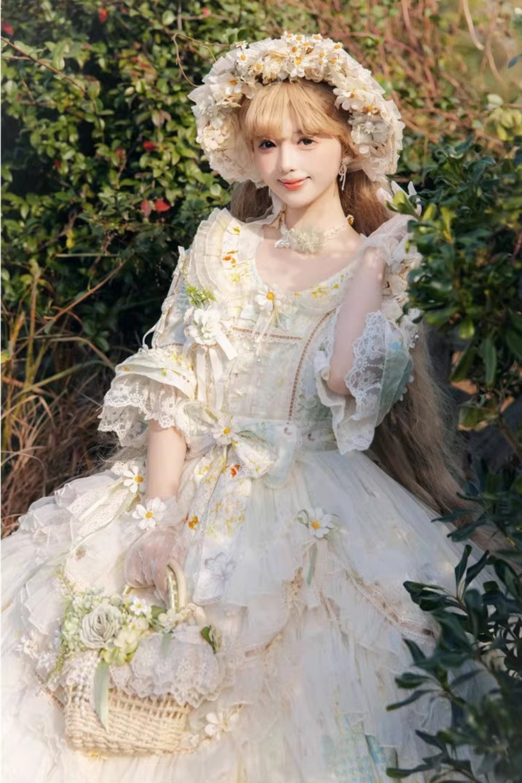 Green [Little Daisy] Lapel Collar Half Sleeves Multi-Layered Printed Bow Lace Princess Gorgeous Plus Size Sweet Lolita Dress - Product - 4