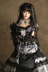 Black [Dark Night Rose] Short Sleeves Print Ruffle Bowknot Lace Asymmetric Gothic Lolita Dress - Product - 7