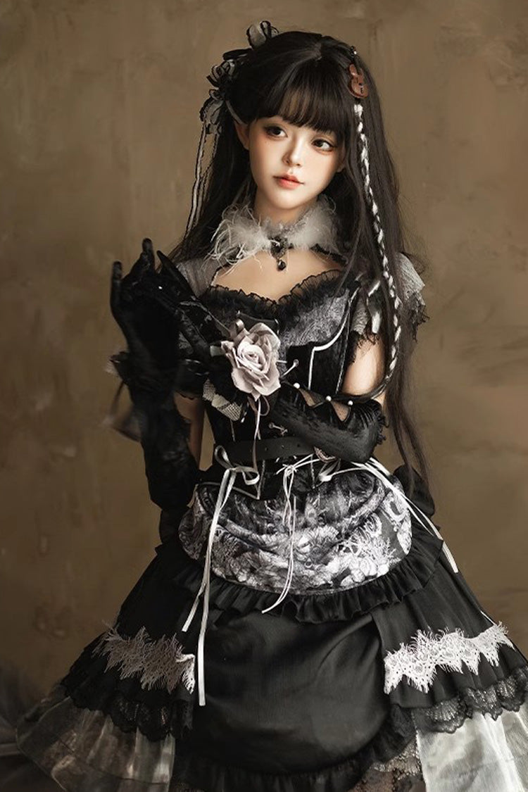 Black [Dark Night Rose] Short Sleeves Print Ruffle Bowknot Lace Asymmetric Gothic Lolita Dress - Product - 7