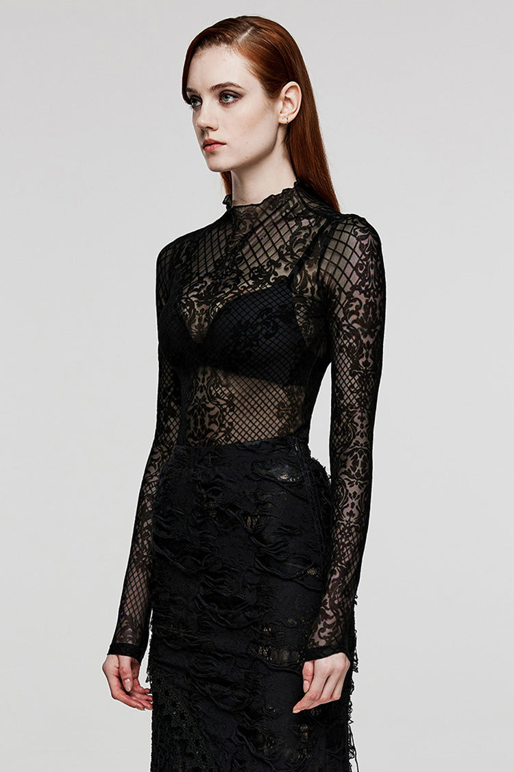 Black Long Sleeves Mesh Women's Gothic Blouse - Product - 2