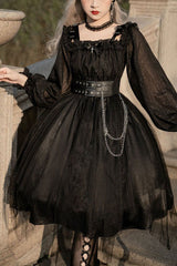Black Square Collar Metal Chain Organza Stitching Gothic Lolita OP Dress (Short Version) - Black - 1