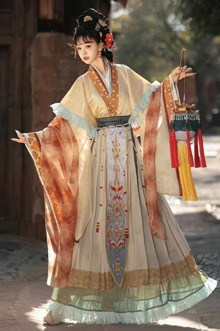 [Cloud-Clad Fairy] Long Sleeves Printed Ruffled Embroidered Classic Chinese Style Hanfu Dress Set 2 Colors - Beige/Yellow - 2