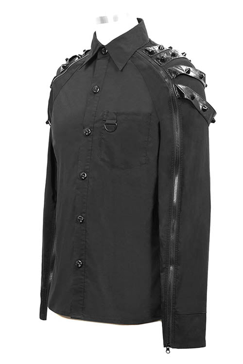 Black Long Sleeve Shoulder Zipper Mens Punk Blouse - Product - 6