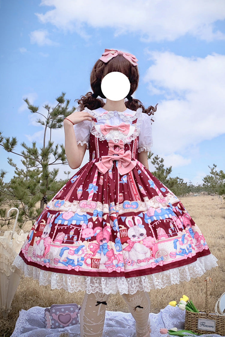 Wine Red Doll Playground Print Ruffle Bowknot Sweet Lolita Jsk Dress - Red - 1