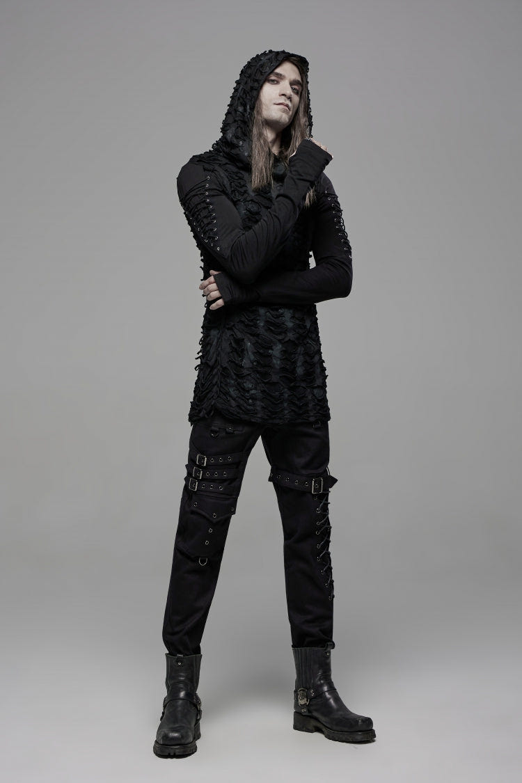 Black Long Sleeves Lace-Up Hooded Ripped Pleated Men's Gothic Cool T-Shirt - Product - 7
