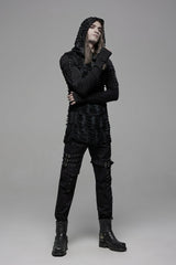 Black Long Sleeves Lace-Up Hooded Ripped Pleated Men's Gothic Cool T-Shirt - Product - 7