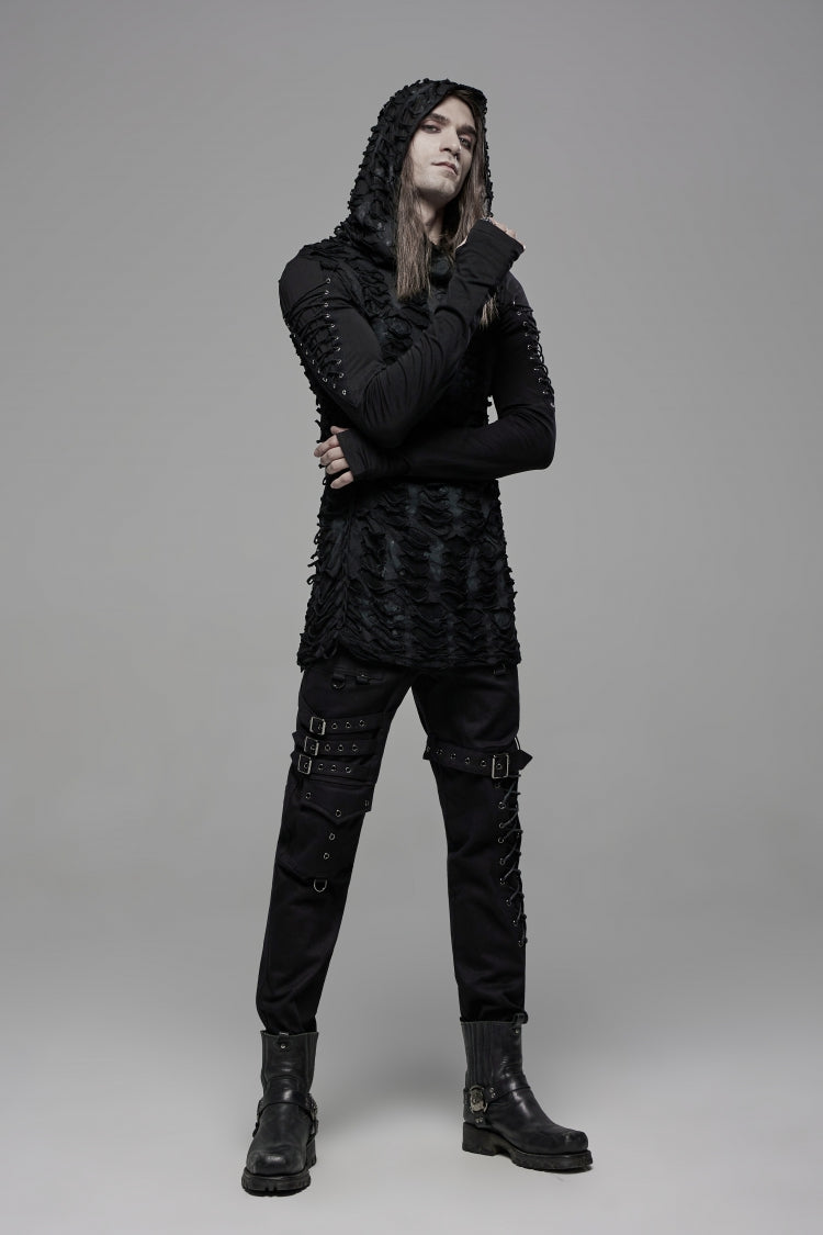 Black Long Sleeves Lace-Up Hooded Ripped Pleated Men's Gothic Cool T-Shirt - Product - 7