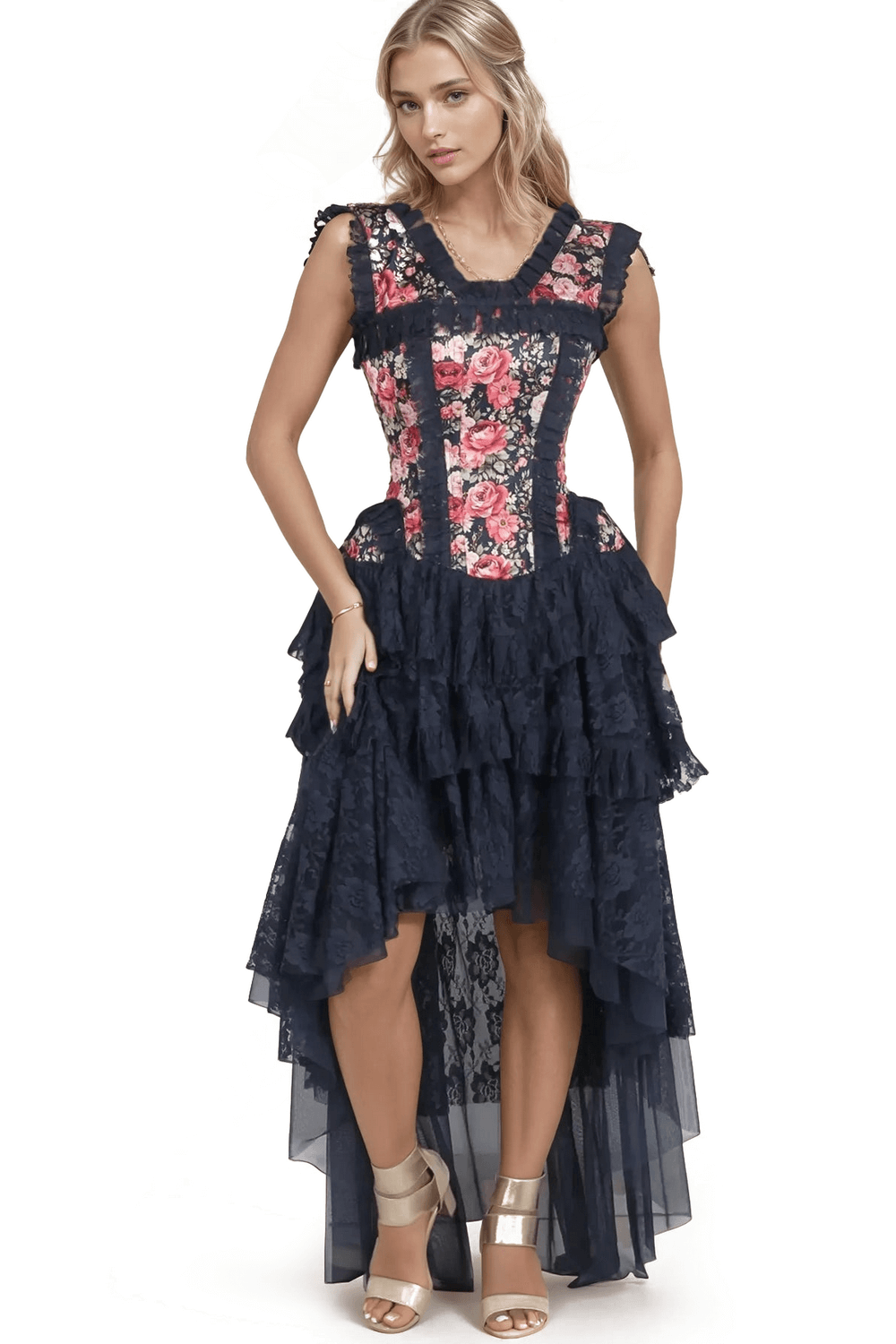 Floral Satin Corset Dress with Lace Skirt and Boning - image 1