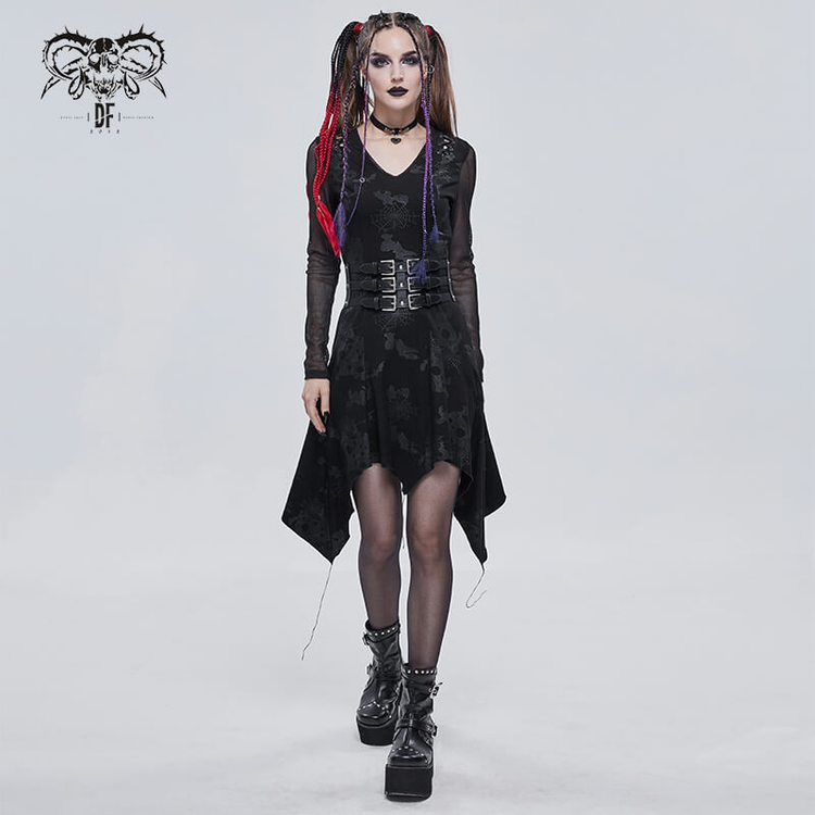 Goth Punk Drawstring Decoration V-neck Printed Asymmetrical Dress - image 13