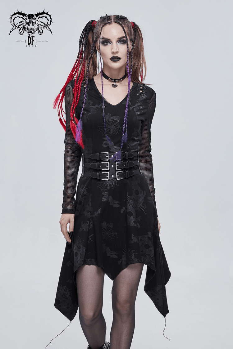 Goth Punk Drawstring Decoration V-neck Printed Asymmetrical Dress - image 11