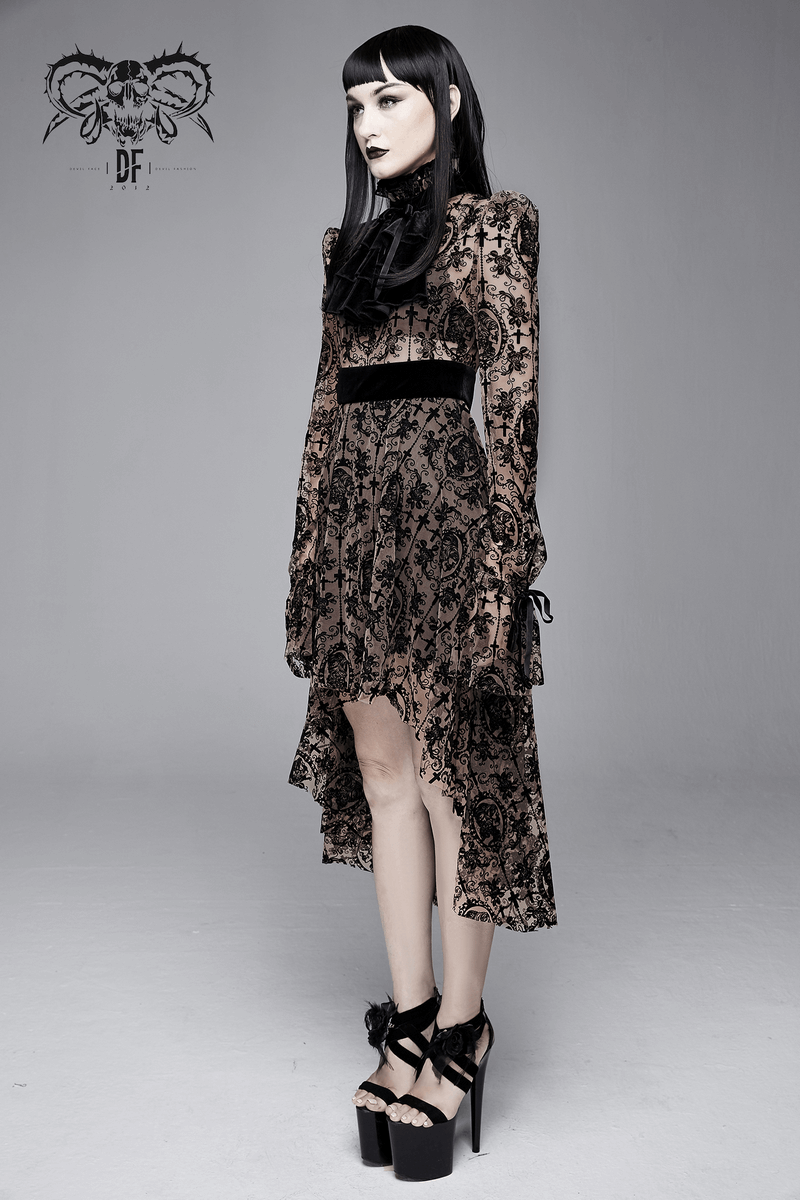 Gothic Asymmetry Hem Long Dress / Fashion Long Sleeves Lace Dress - image 12